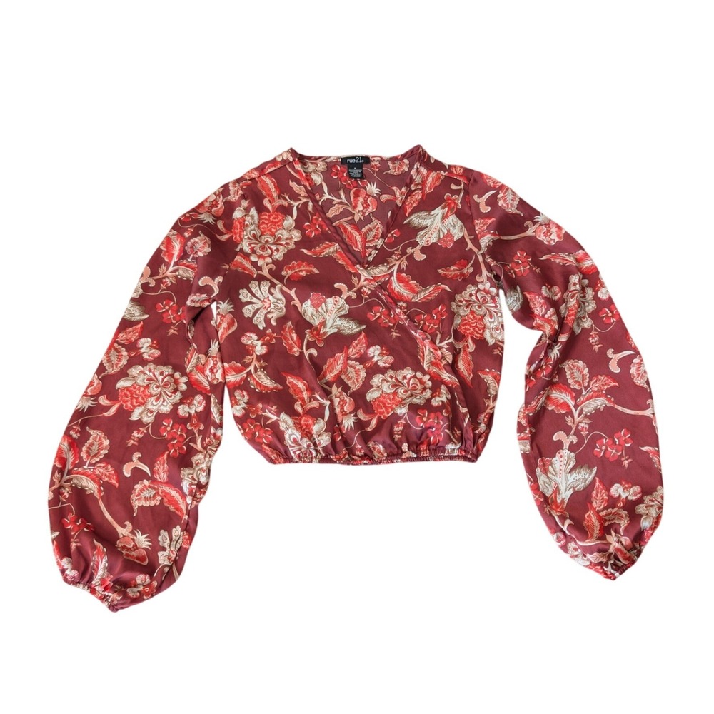 rue21 Burgundy Floral Surplice Wrap Blouse Long Balloon Sleeve Crop Top Small